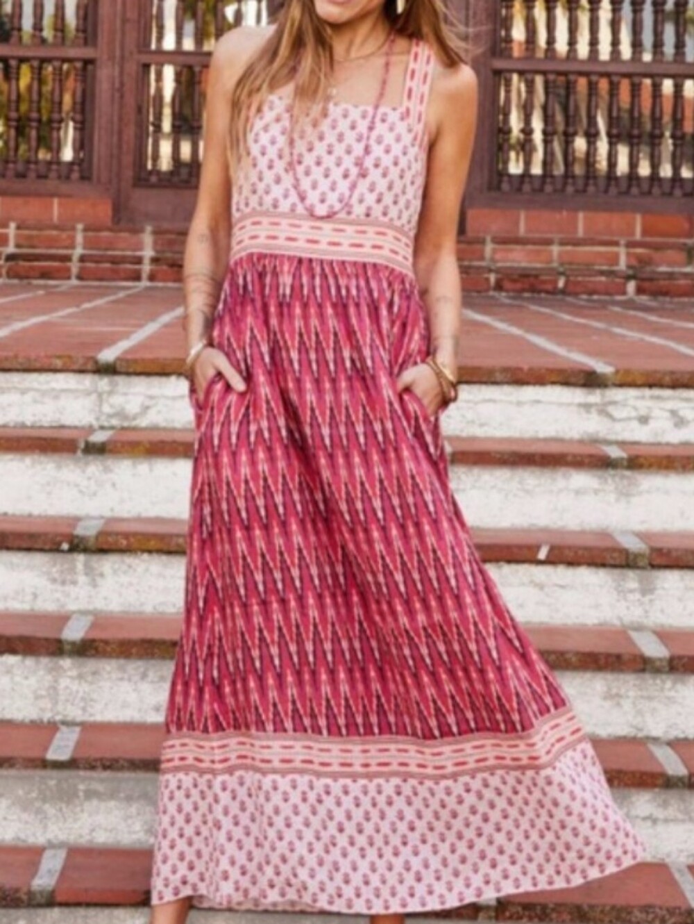 NWT Faherty Gracie 💖Pink Patterned Sleeveless Adjustable Maxi Dress Size Medium